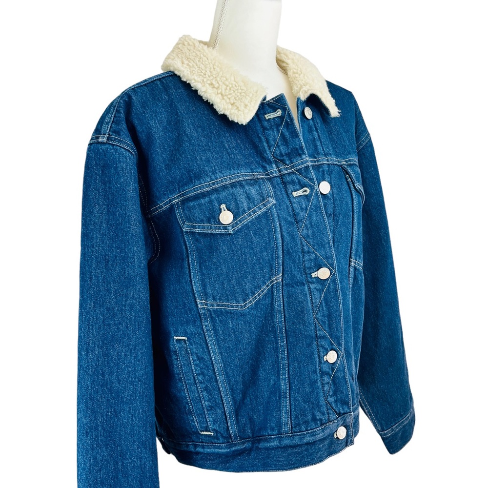 MADEWELL Blue Oversized Trucker Jean Denim Jacket Sherpa Lined Cropped XL NWT - Picture 7 of 15